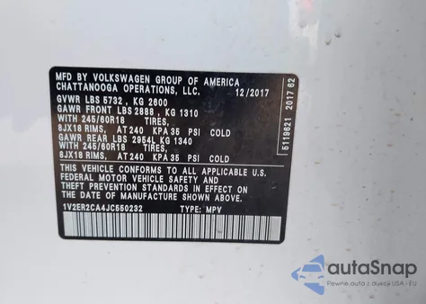 2018 Volkswagen Atlas 3.6L V6 Sel from USA, damaged, VIN 1V2ER2CA4JC550232